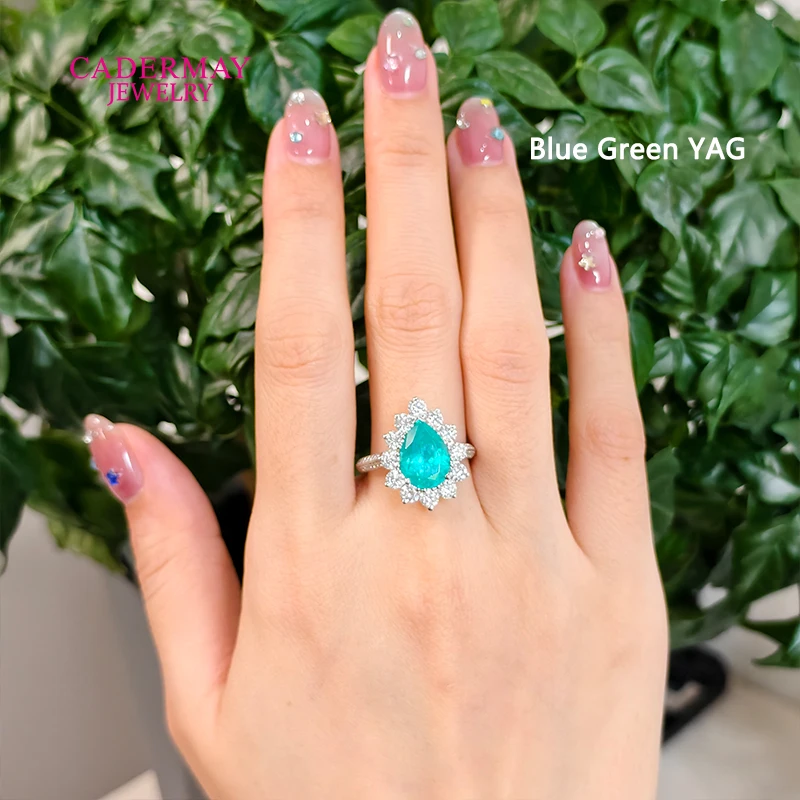 S925 Lab Paraiba Rings S925 Silver 8x11mm Pear Shape Paraiba YAG With Moissanite Wedding Engagement Ring Pave For Women Gift - view 2