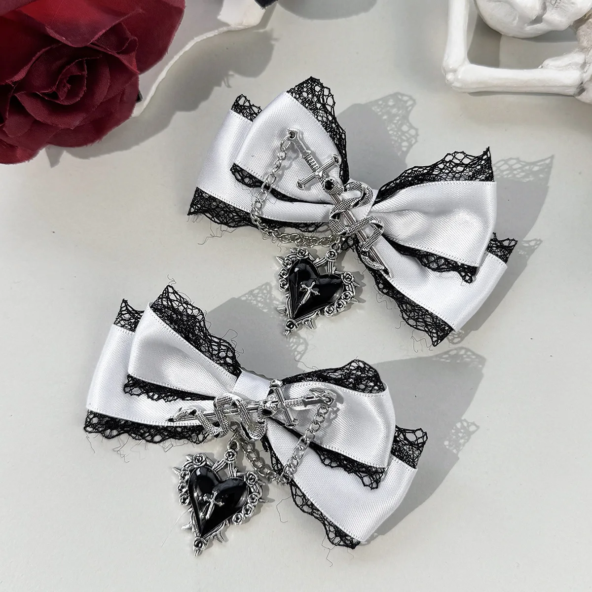 Handmade Lace Bow Hair Clip Serpentine Cross and Heart-shaped Pendant Chain Hair Accessory Suitable for Dark Gothic Lolita Dress