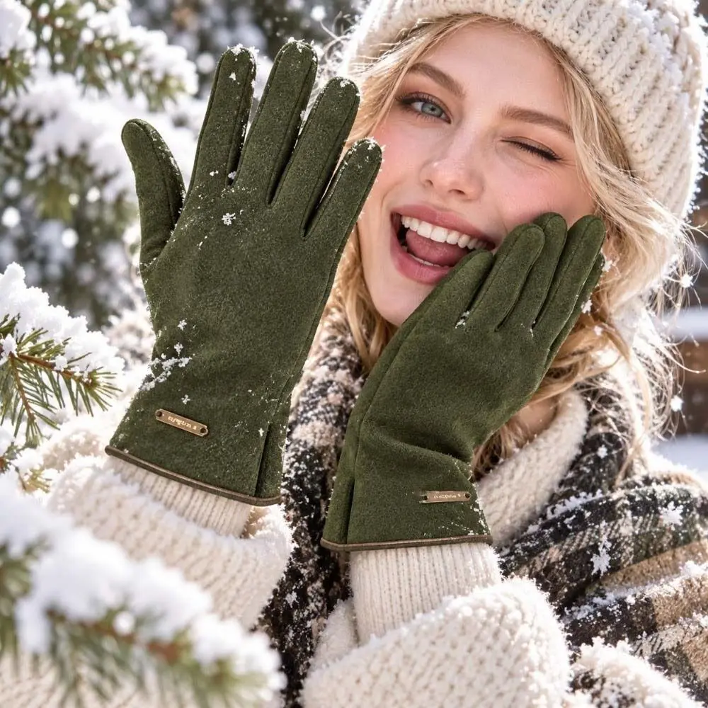Faux Suede Winter Suede Gloves Thickened Solid Color Touchscreen Driving Mittens Elastic Wrist Full Fingers Fleece Lined Warmers