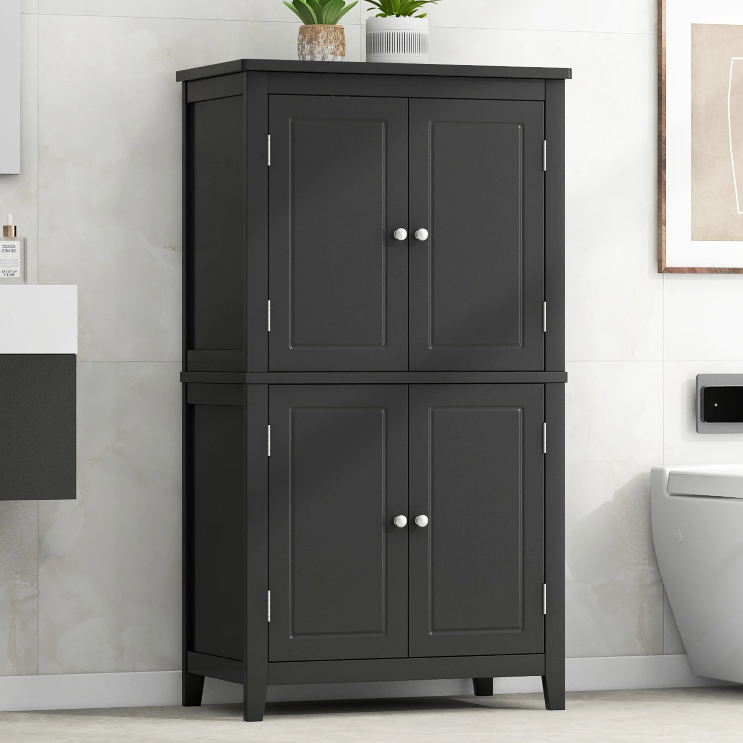 

Elegant Bathroom Floor Storage Cabinet - Freestanding Unit with 4 Doors, Adjustable Shelves - Black