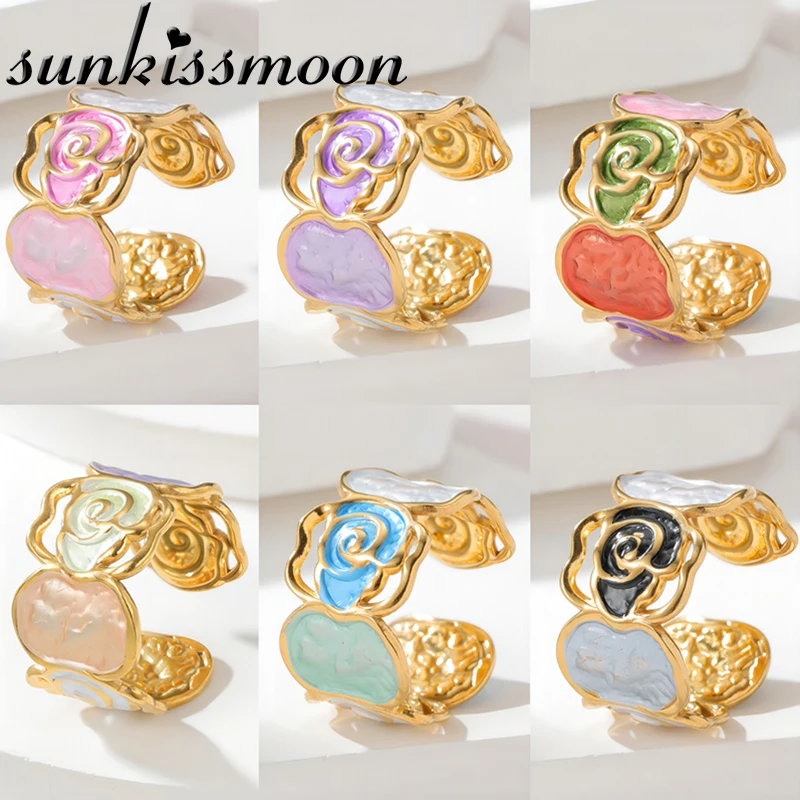 Boho Color Drip Oil Adjustable Open Ring For Women Stainless Steel Floral Heart Pattern Fashion Stackable Statement Rings Gift
