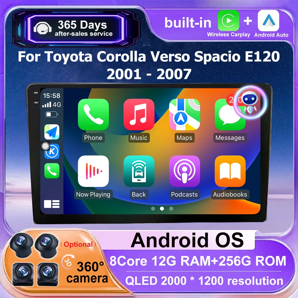 

Android 16 авто для Toyota Corolla Verso Spacio E120 2001-2007 автомобильный радиоприемник мультимедийный плеер GPS-навигация Carplay 360 камера