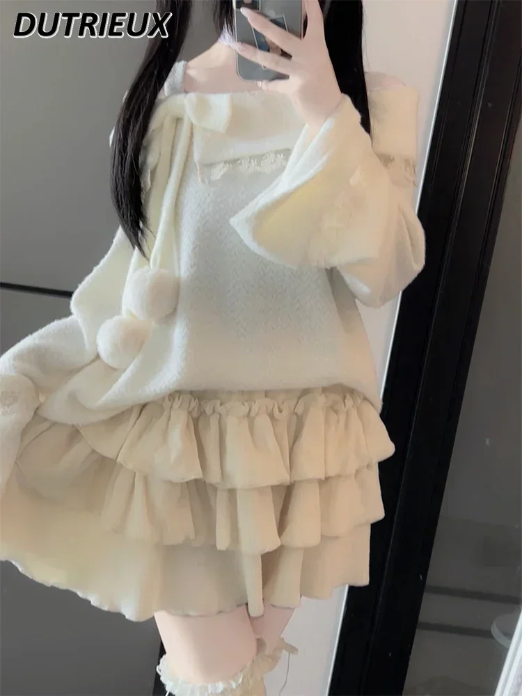 Sweet Cute Girls Original Off-shoulder Plush Knitted Sweater Long Sleeve Bow Top and Puffy Cake Short Skirt Two Piece Set