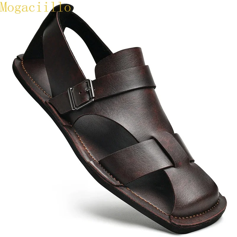 Handmade Men's Woven Closed Toe Leather Sandals Soft Non‑slip Beach Sandals Adjustable Buckle Flat Summer Shoes Big Size 39‑48
