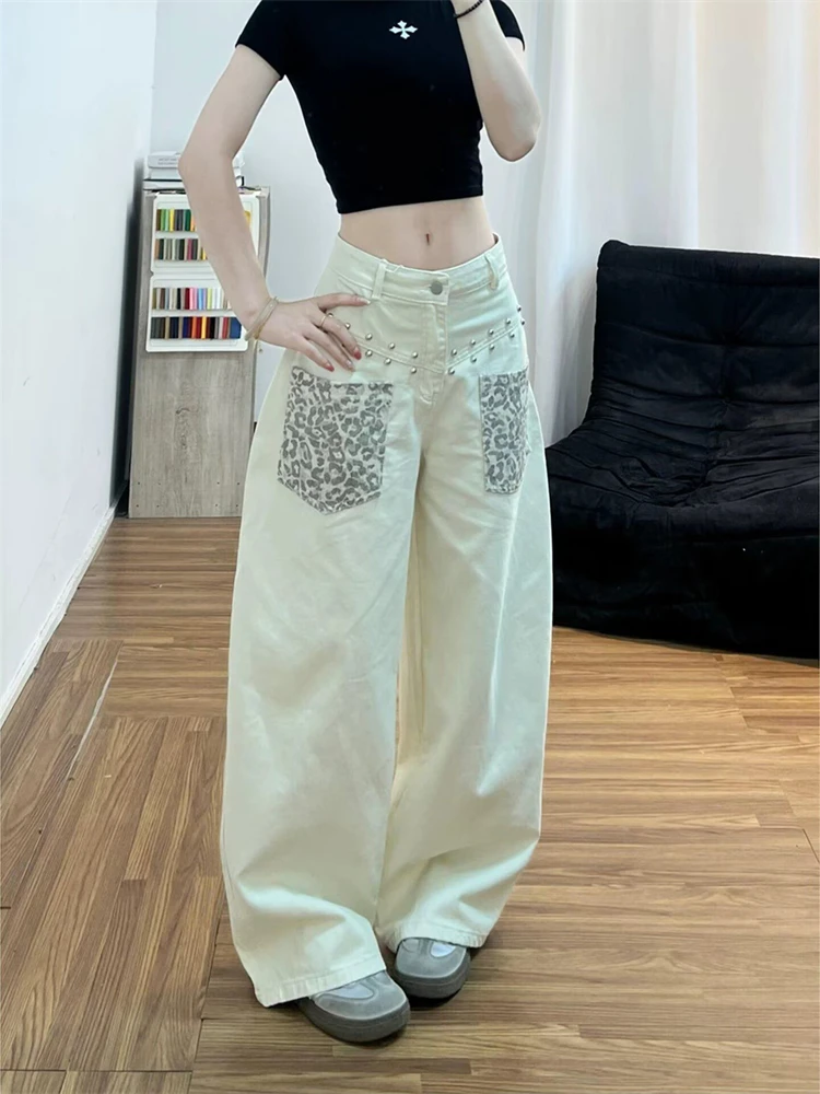 Women's Leopard Pocket Patchwork Casual Pants Hip-hop Wide Leg  Retro Streetwear Female Trousers 90s Sweatpants Women