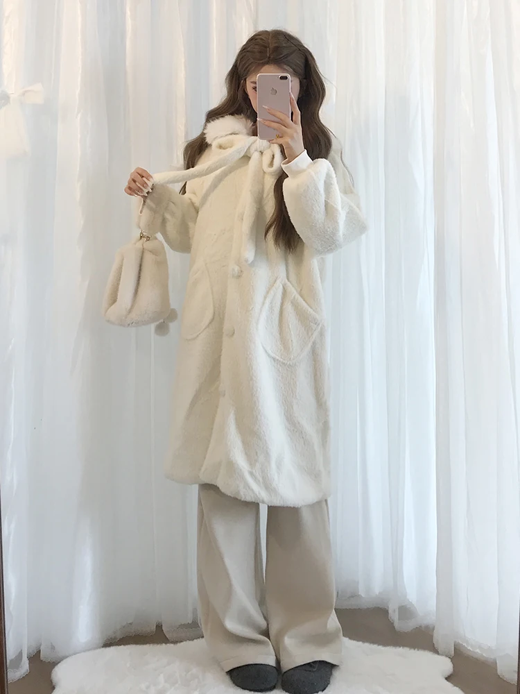 

Cute White Woolen Coat Women's Winter New Plu Ears Hooded Mid-Length Woolen Jaet Korean Sle Straight Cut Long Sve