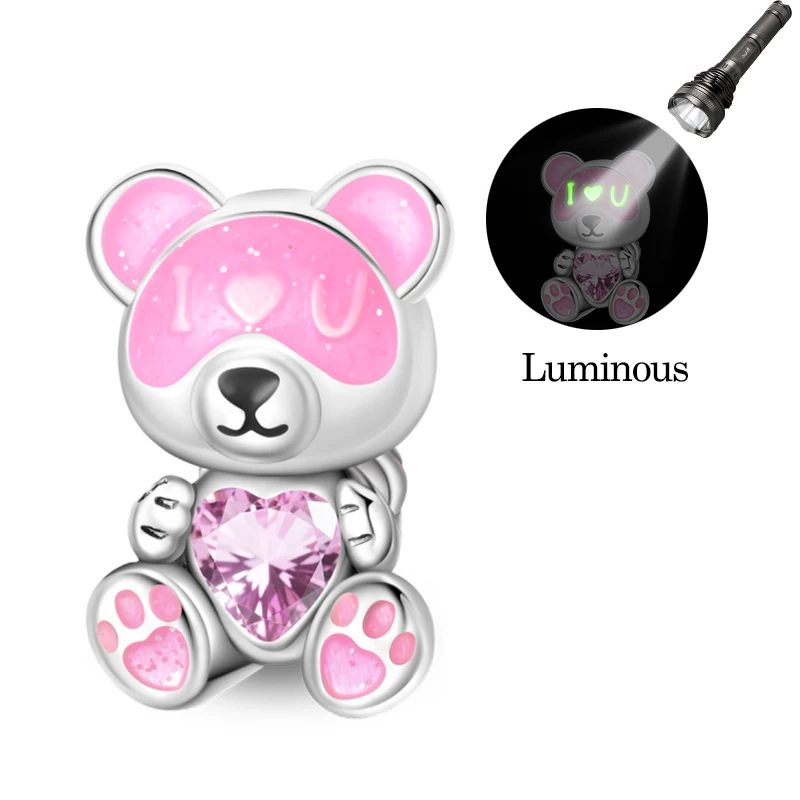 

925 Sterling Silver Charms Beads Sweet Pink Teddy Bear Luminous Dangle Beads Fit Original Bracelet DIY Women Jewelry Gift