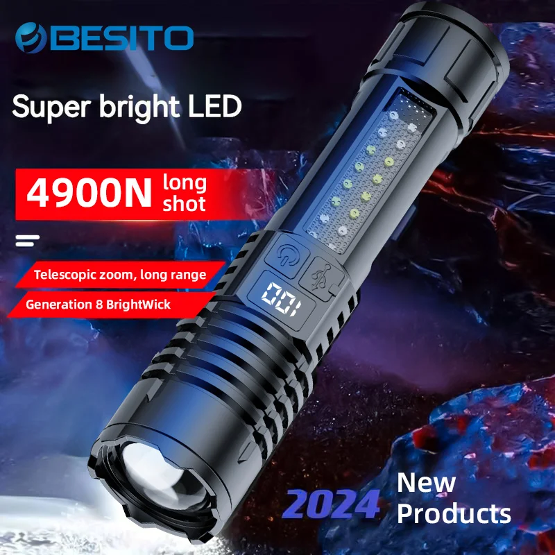 High Strong Power Led Flashlights Tactical Emergency Spotlights Telescopic Zoom Built-in Battery USB Rechargeable Camping Torch