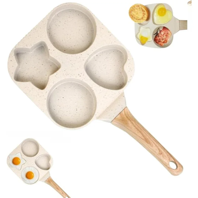 Utensilios de cocina antiadherentes para huevos en forma de 4 estrellas, sartén para panqueques con mango de madera estilo granito, sartén pequeña, para huevos, rollo de meleta