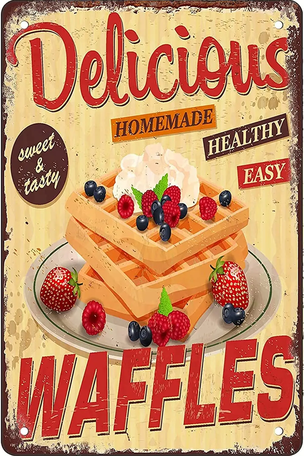 Vintage Waffles Blueberry Strawberry Cream Funny Retro Tin Sign Wall Art Decoration
