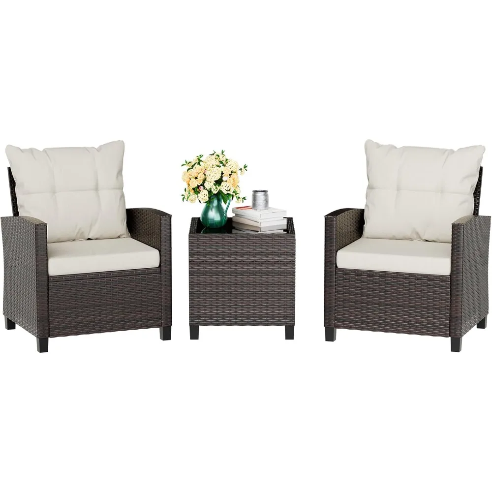 

3-piece Terrace Furniture Set, Small Outdoor Rattan Porch, Small Tavern Set, Cushioned Terrace Chair