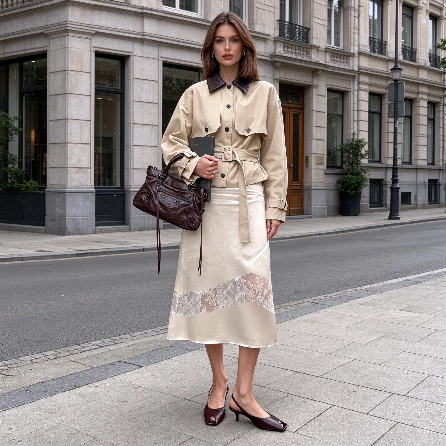 Women Beige Satin Midi Skirt White Floral Lace Patchwork Sheer Panel High Waist A Line Flowy Mid Length Skirt for Daily Office S