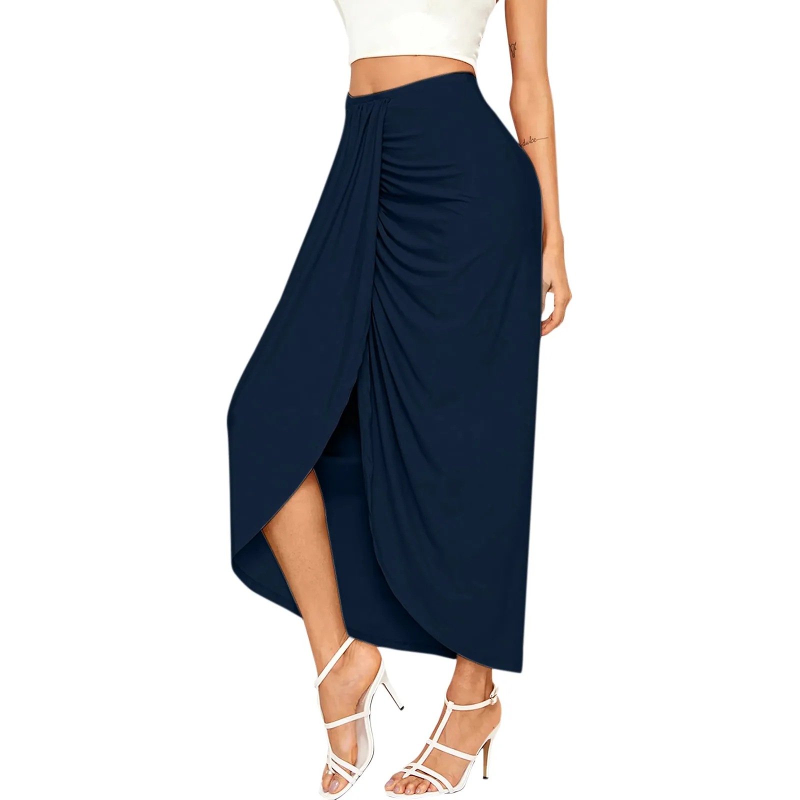 Elegant Pencil Skirt For Women Vintage Front Slit High Waist Hips-Wrapped Below Knee Skirts Bodycon Ruched Skirt Streetwear 2025