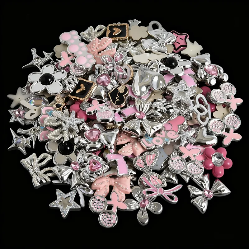10/20/30/50pcs Random Mix Silver Color Heart Bow Star Charms For Junk Cases Flower Pink Girl Pendant DIY Hairpin Phone Case Bulk