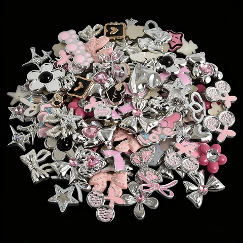 10/20/30/50pcs Random Mix Silver Color Heart Bow Star Charms For Junk Cases Flower Pink Girl Pendant DIY Hairpin Phone Case Bulk