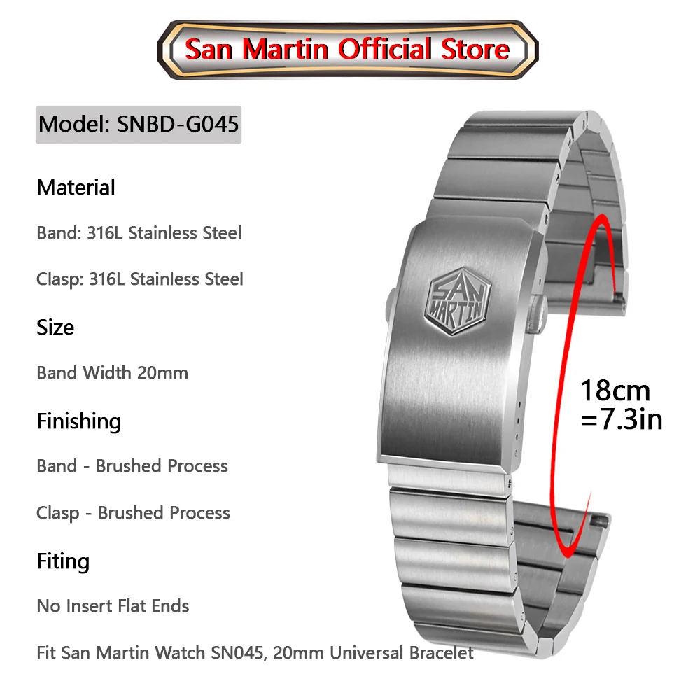 San Martin Bracelet High Quality 316L Solid Stainless Steel Watch Parts Two Links Flat Ends 20mm Brushed Clasp Universal Strap