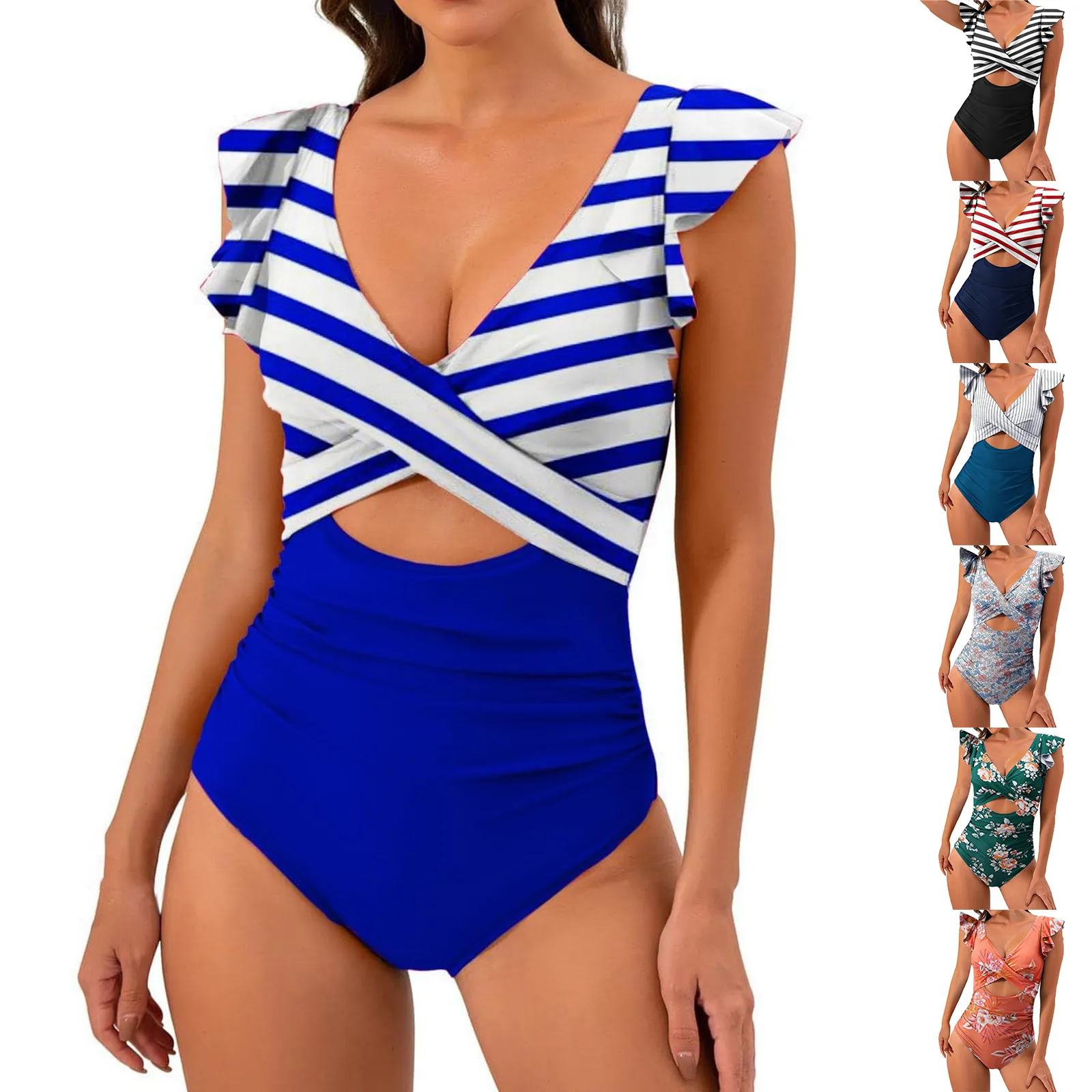 Contrast Mesh One Piece Swimsuit V Neck Print Backless Tummy Control High Cut Bathing Suit Women\'S Swimwear & Clothing