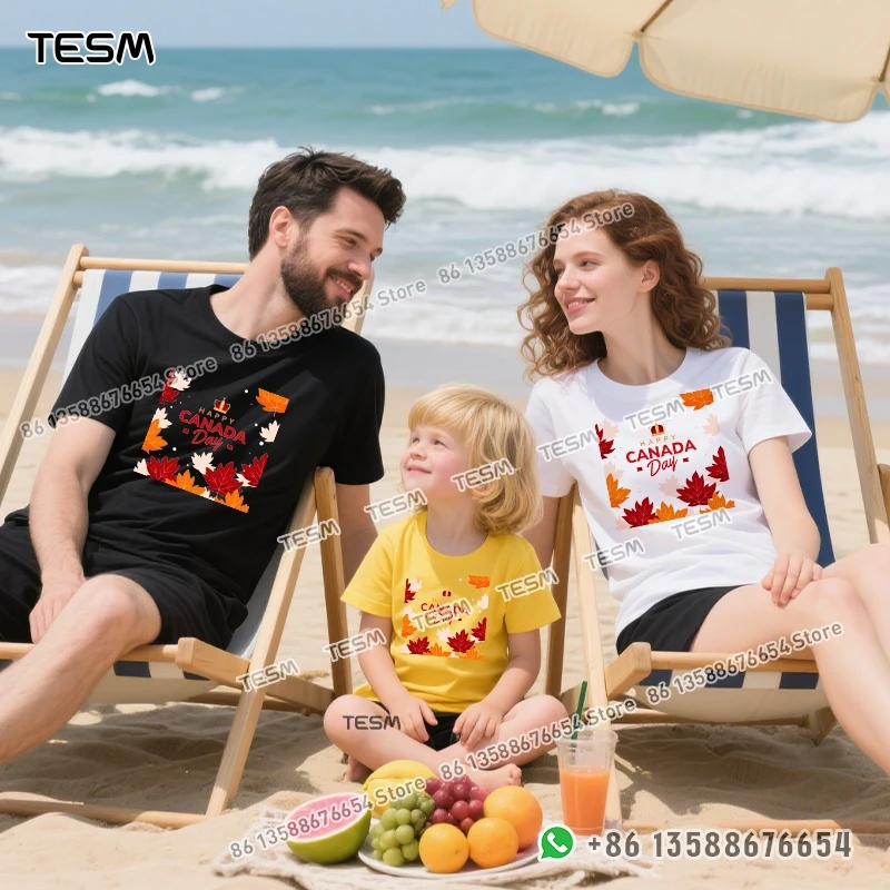 TESM Autumn Maple Leaf Print Men Cotton T-shirt Casual Loose Short-sleeve Party Parent-child Outfit Mom Dad Family Vacation Top