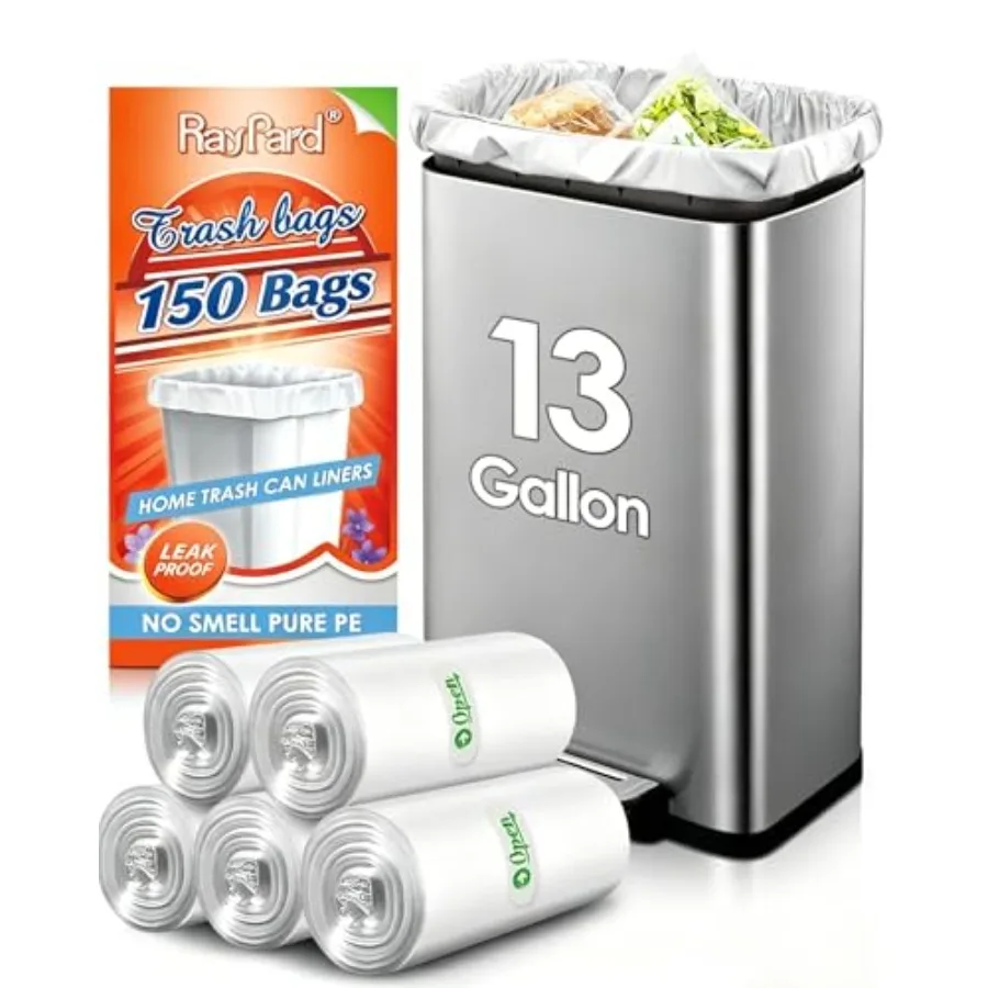 

13 Gallon 150 Counts fit 12-15 Gal Strong Tall Kitchen Trash Bags Garbage Bags by, fit 50 Liter Waste Basket, Clear Trash Bags