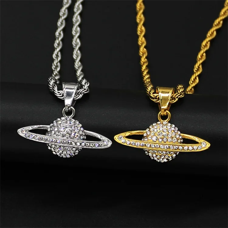 Plated Fine Jewelry Pendant Necklace Gold Stainless Steel Space Planet Rhinestone Luxury Rope Chain Lady Party Necklace Oval Cut