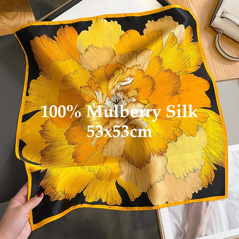 100% Mulberry Silk Botanical Floral Scarf 53cm Square Women Neck Hair Headband Bag Wrap Gift Elegant Fashion Daily Chic Soft New