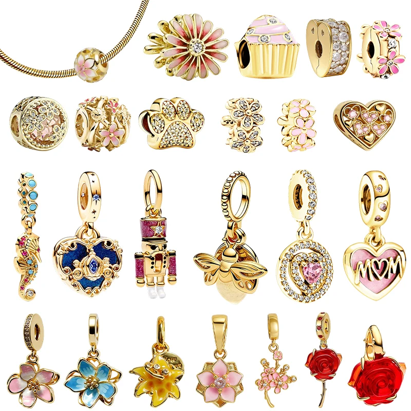 Original-Charm-Perlen, rosa Gänseblümchen-Blumen-Charm-Perlen und Kirschblüten-Anhänger-Charm-Perlen, passend für Anhänger-Armbänder, Damenschmuck, Geschenk.