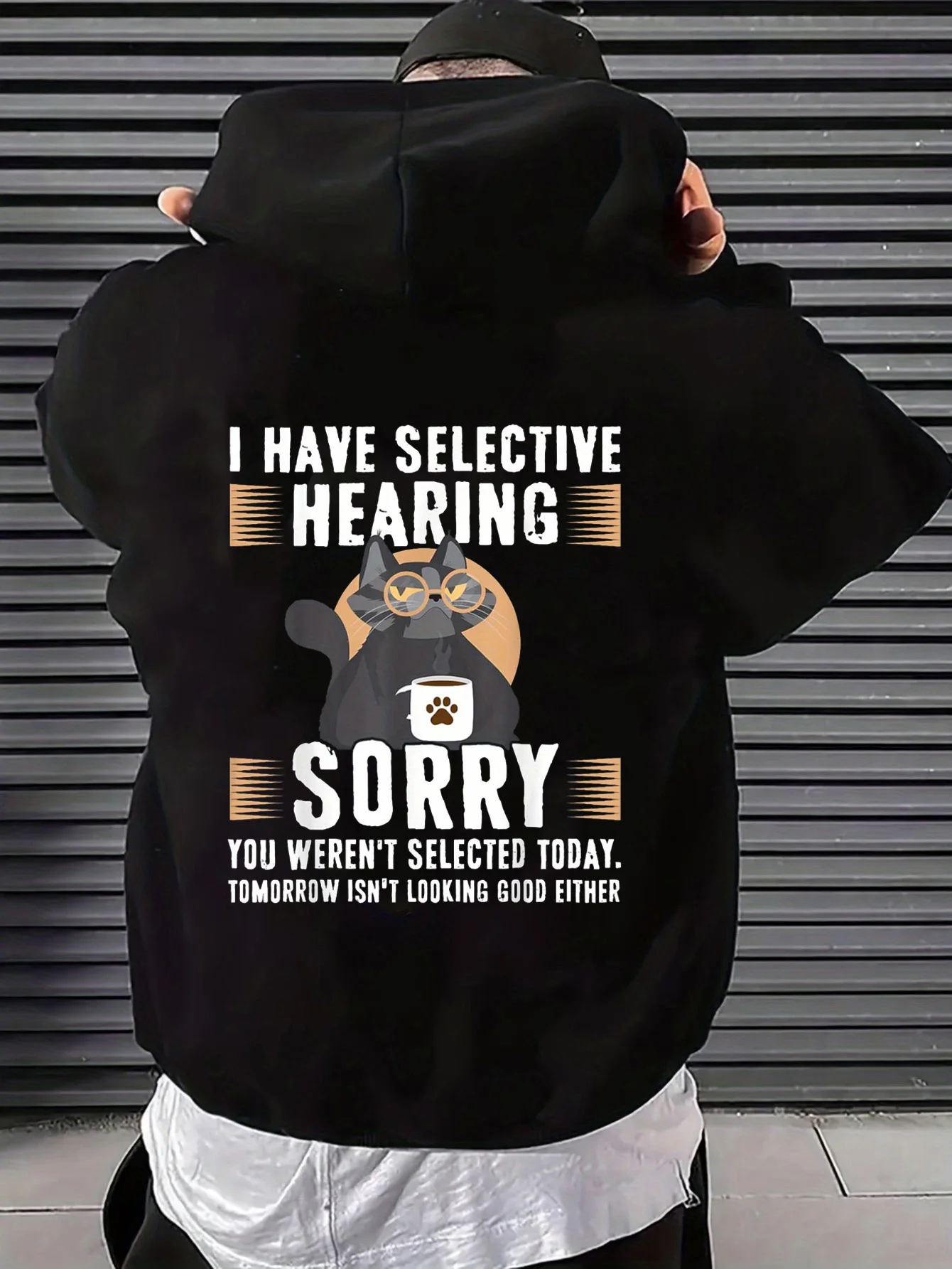 Men's Hooded Sweatshirt, Selective Listening, Humorous Quotes for Cat Lovers, Coffee Lover Print T-Shirt, Street Fashion Pullover, Long-Sleeve Casual Oversized