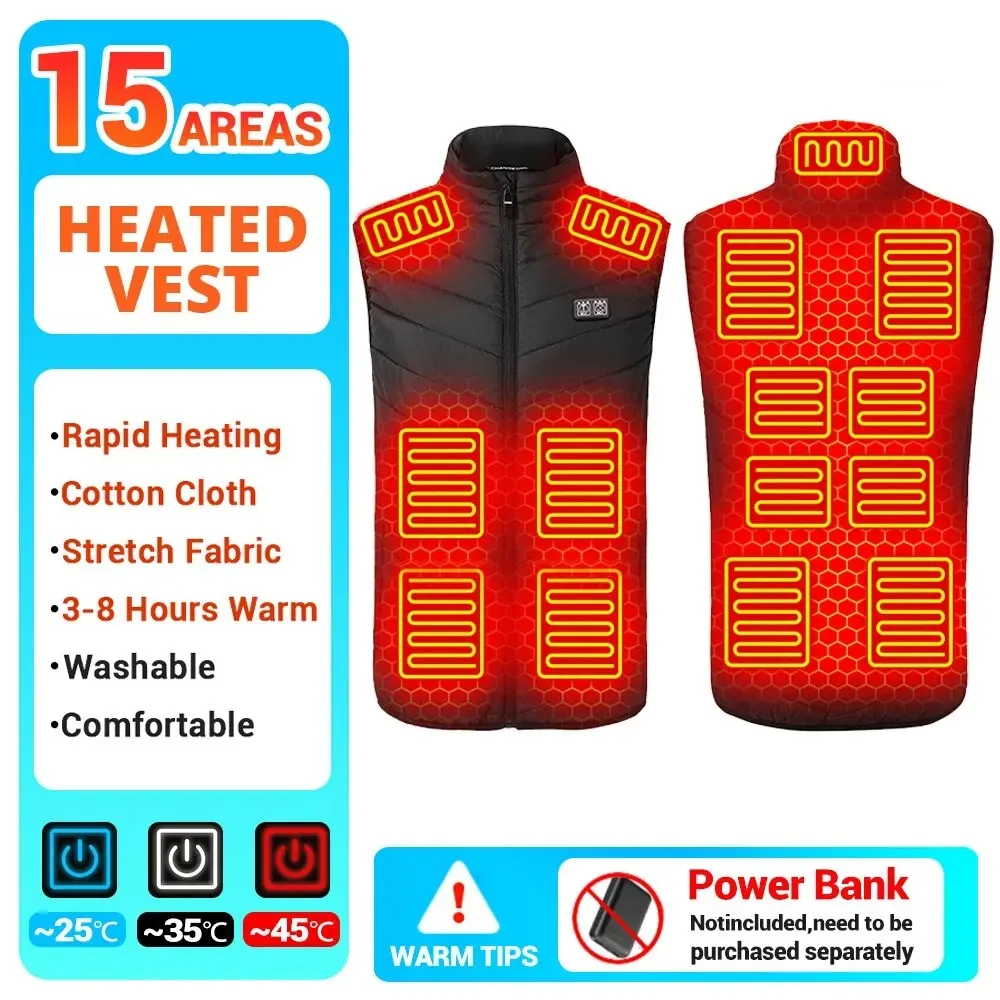 

Men USB Infrared 15 Heating Areas Vest Jacket Winter Electric Heated Vest Thermal Clothing Hunting Vest Hiking Oversized 6XL
