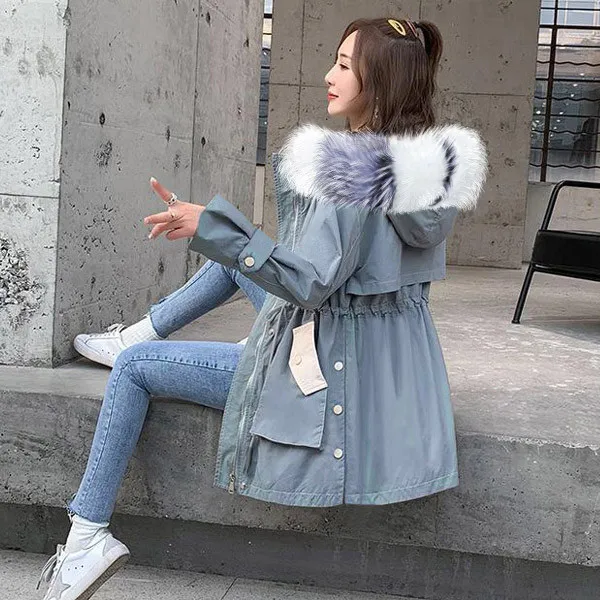 2026 New Fashion Fur Collar Hooded Parkas Windbreaker Jacket Women Zipper Thicken Bomber Jacket Casual Coat Outerwear