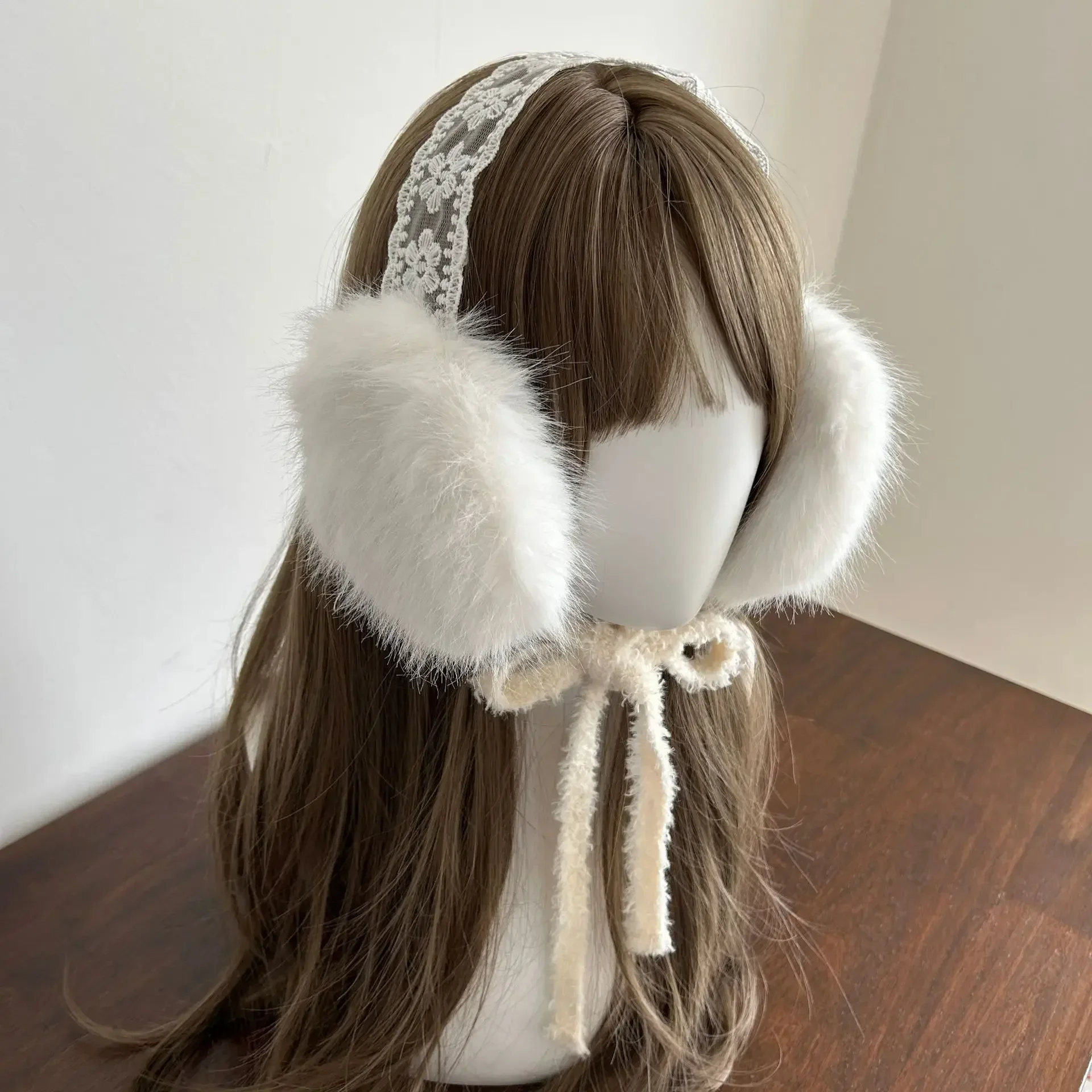 مقوس دانتيل غطاء للأذنين لطيف شتاء دافئ المرأة اليابانية Ins نمط سدادات حماية الأذن رباط شعر الدراجات غطاء للأذنين Y2K الإكسسوارات