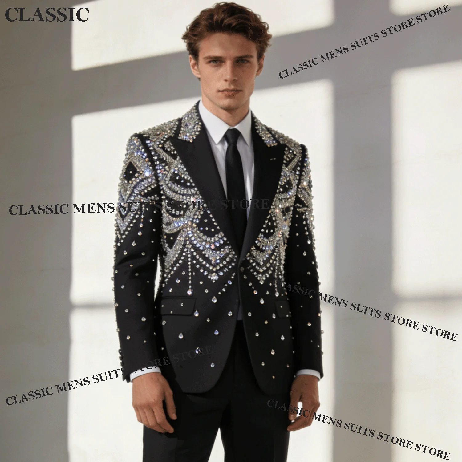 

Glitter Tuxedos Men Suits Elegant Customized Diamond Decoration Peaked Lapel Groom 2 Pieces Set Wedding Male Prom Blazers suits