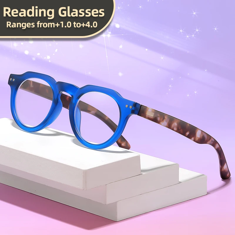 Oyalie Color-Blocked Round Frame Reading Glasses with Bright Frames, Patterned Temples, Round Frame Design, Comes with Relaxed Transparent Lenses for Clear Vision, Reading Glasses with Prescription Ranging from +1.00 to +4.00 Degrees