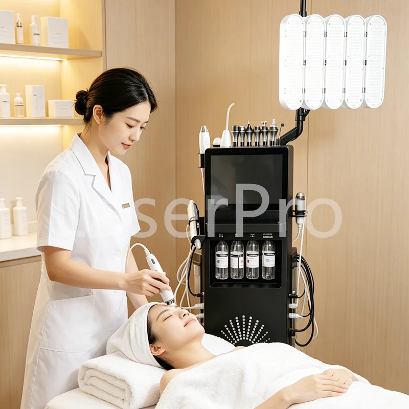 Professional Standing Oxygen Facial Treatment Machine Oxygen Jet Ultrasonic Hydro 12-in-1 Aqua Peel Deep Cleansing Beauty Device