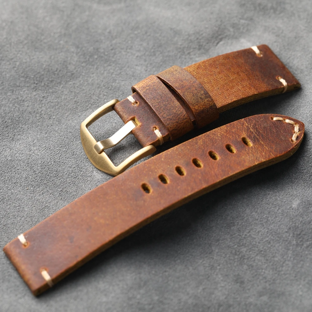 Handmade Thickened Genuine Leather Watch Band, Bronze Watch Accessories 24MM 22MM 20MM Brown Vintage Men\'s Thickened Bracelet