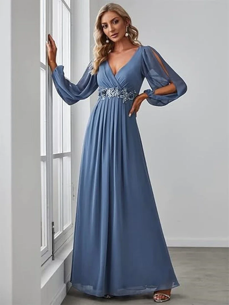 

Customized Graceful Chiffon A-Line Appliques Sequined Evening Dress High Quality Long Sleeves Floor Length V-Neck prom dresses