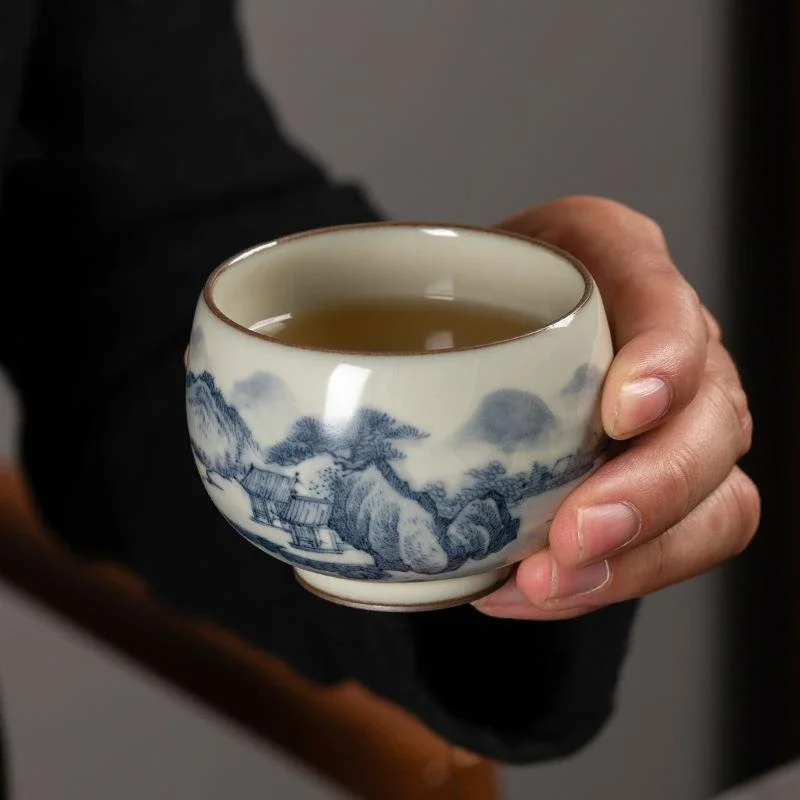 

100ml Raw Ore Ru Kiln Teacup Master Handdrawn Blue and White Tea Bowl Traditional Smelling Personal Cup Tea Ceremony Collection