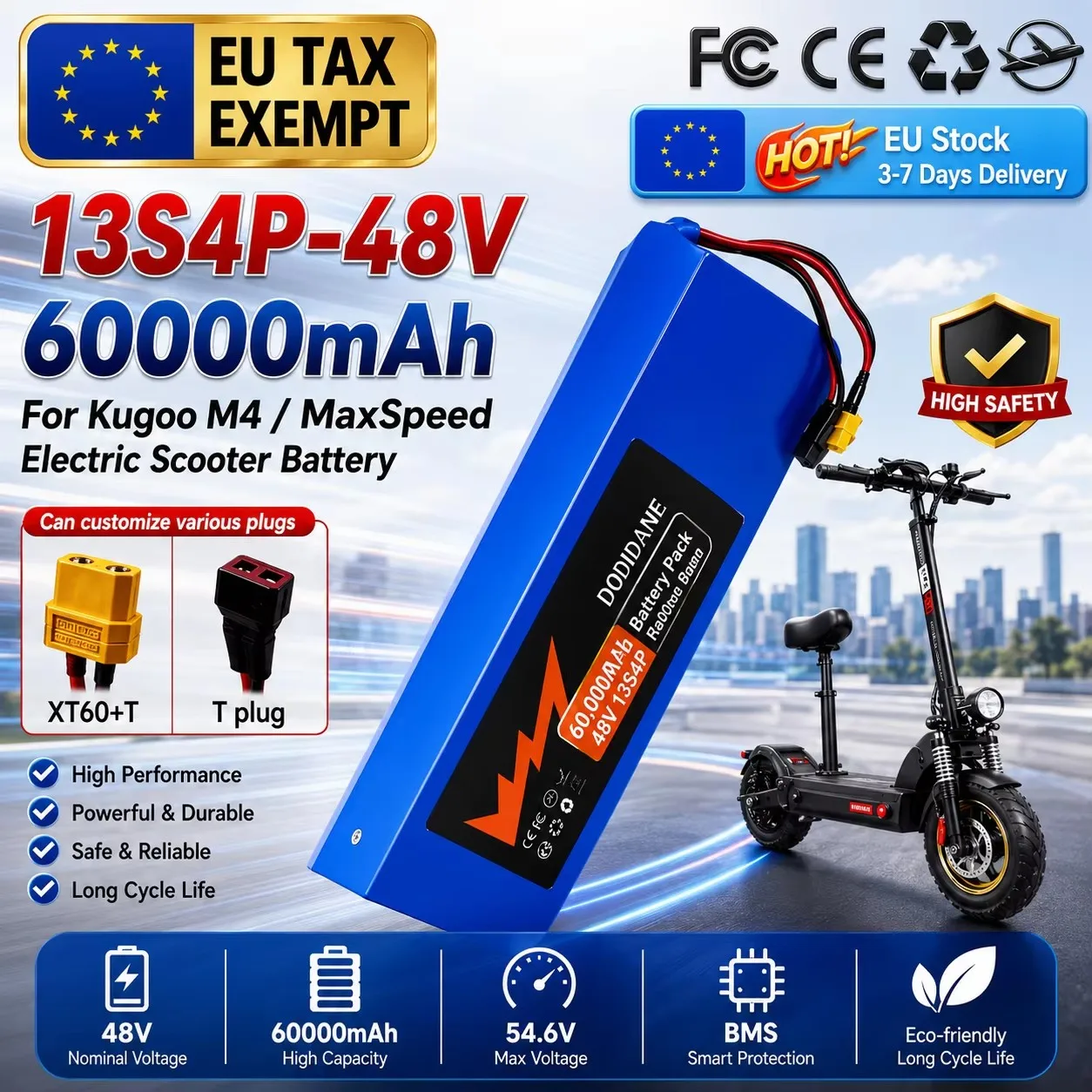 Image of 13S4P 48V 60Ah Wiederaufladbarer Lithium-Ionen-Akku, 2000 Watt Hochleistungsmotor, Integriertes Intelligentes BMS, Geeignet für Kugoo M4/M4Pro/M5/M5Pro Elektroroller-Akkupack