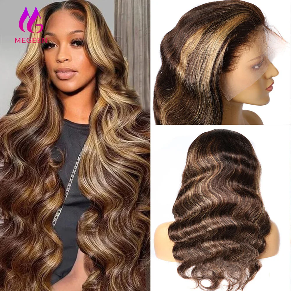 

Megeen 100% Human Hair Highlight Body Wave 13X4 Lace Front Wig Human Hair Pre Plucked P4/27 Colored Honey Blonde Lace Front Wig