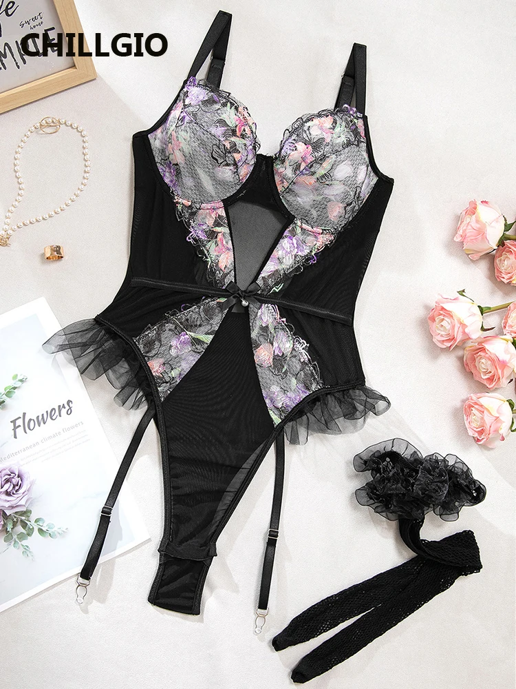 

CHILLGIO Women Floral Print Lace Bodysuits Stockings Retro Mesh Onesie Push Up One Piece Combination Strappy Rompers Lingerie