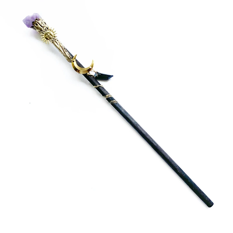 Amethyst Druzy Points Witch Scepter Fairy Stick Ritual Props Altar Decor Tool Moon Sun Stone Hanging Wood Stick 1pc