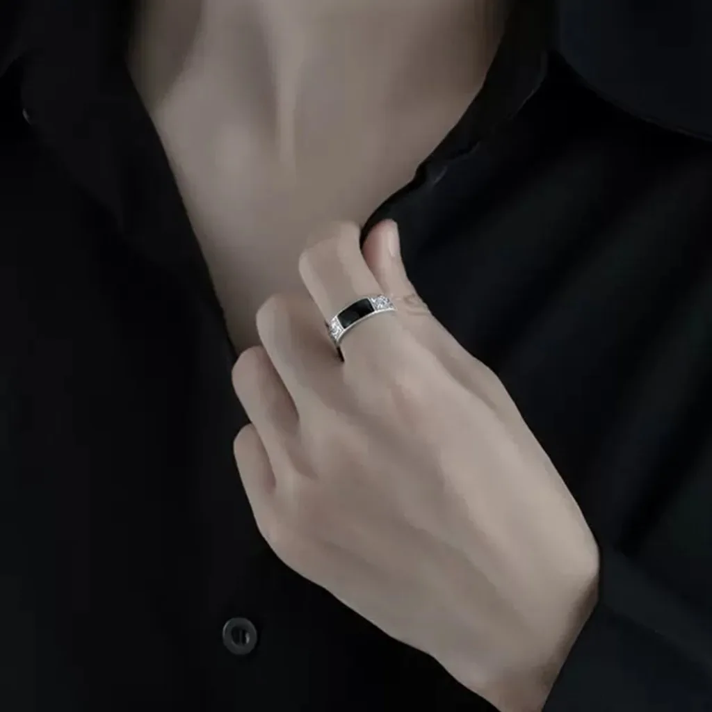 Vintage Faux-Onyx-Ringe für Herren, Edelstahl, verstellbarer offener Ring, silberfarben, modischer Punk-Schmuck, Geschenk – Detail 2