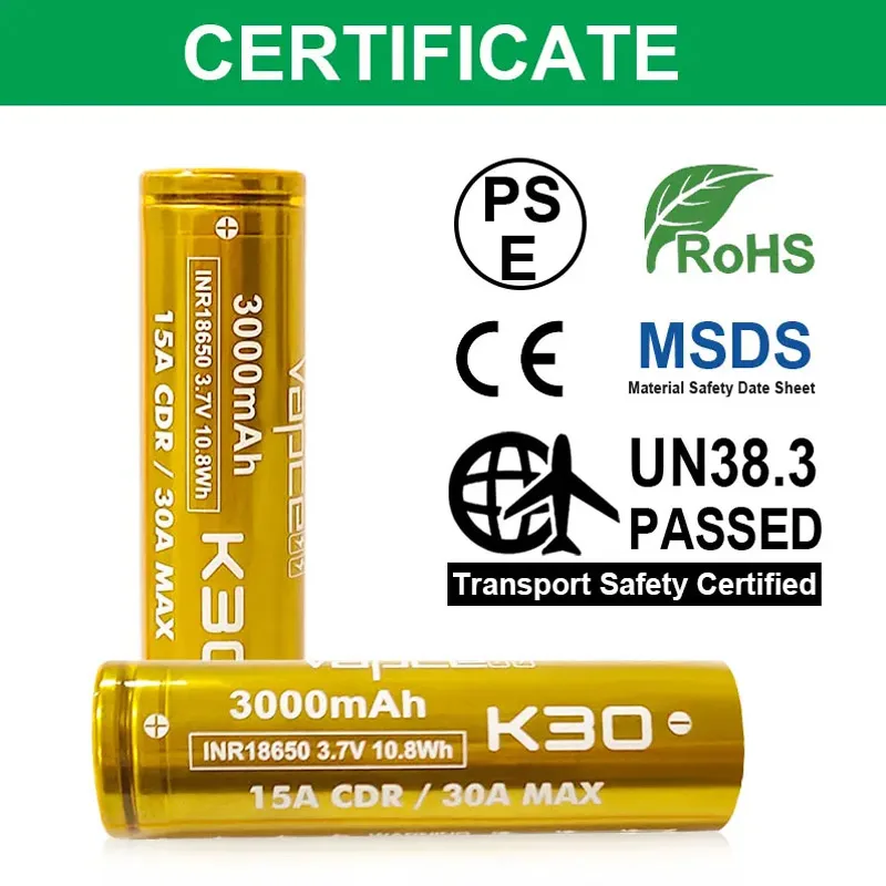 Original Vapcell K30 INR 18650 Battery 3000mAh CDR 15A Max 30A 3.7V lithium battery Li ion rechargeable 18650 Batteries For Toys