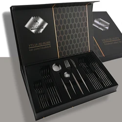 Drmfiy 24P Cutlery Stainless Steel Set Knife Fork Spoon Flatware Black Tableware Set Gift Box Dinnerware Dishwasher Kitchenware