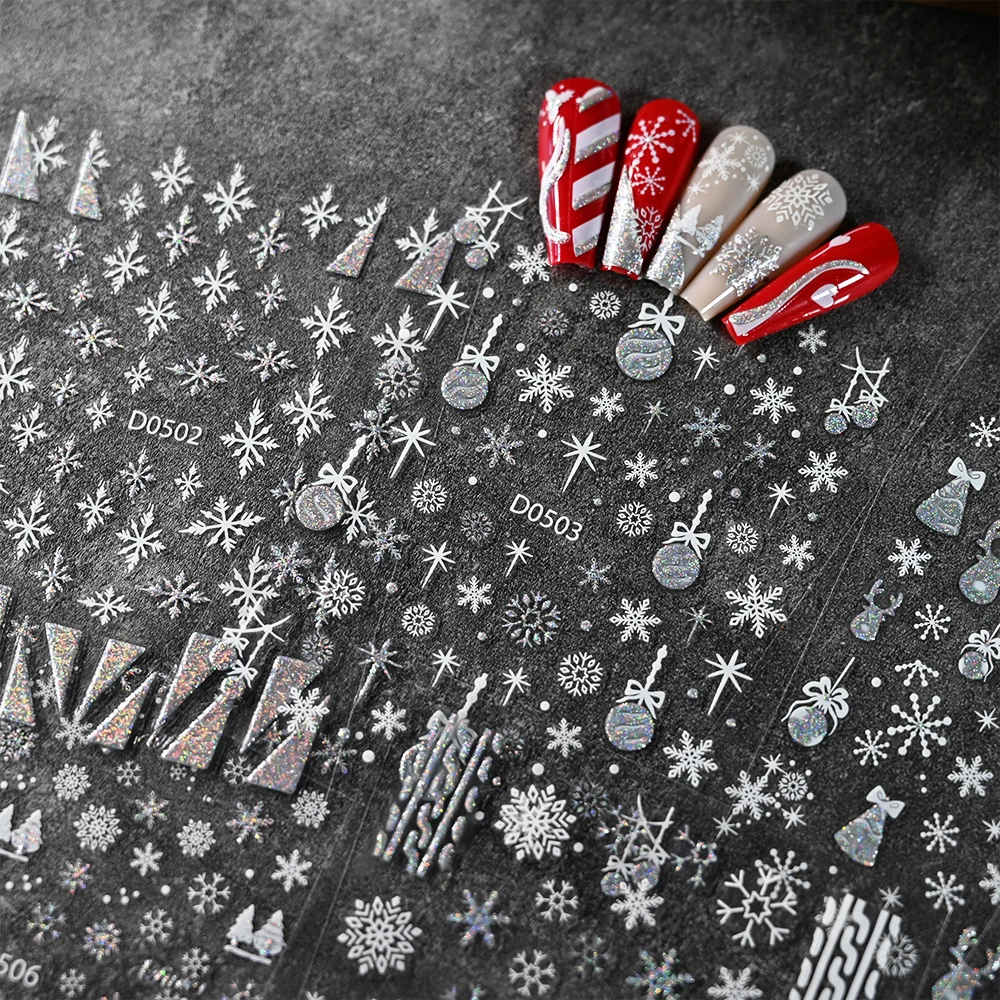 1pc Sparkling Christmas Nail Art Stickers Silver Foil Embossed Self-Adhesive Nail Decal with Snowflakes Crystal Ball for Festive