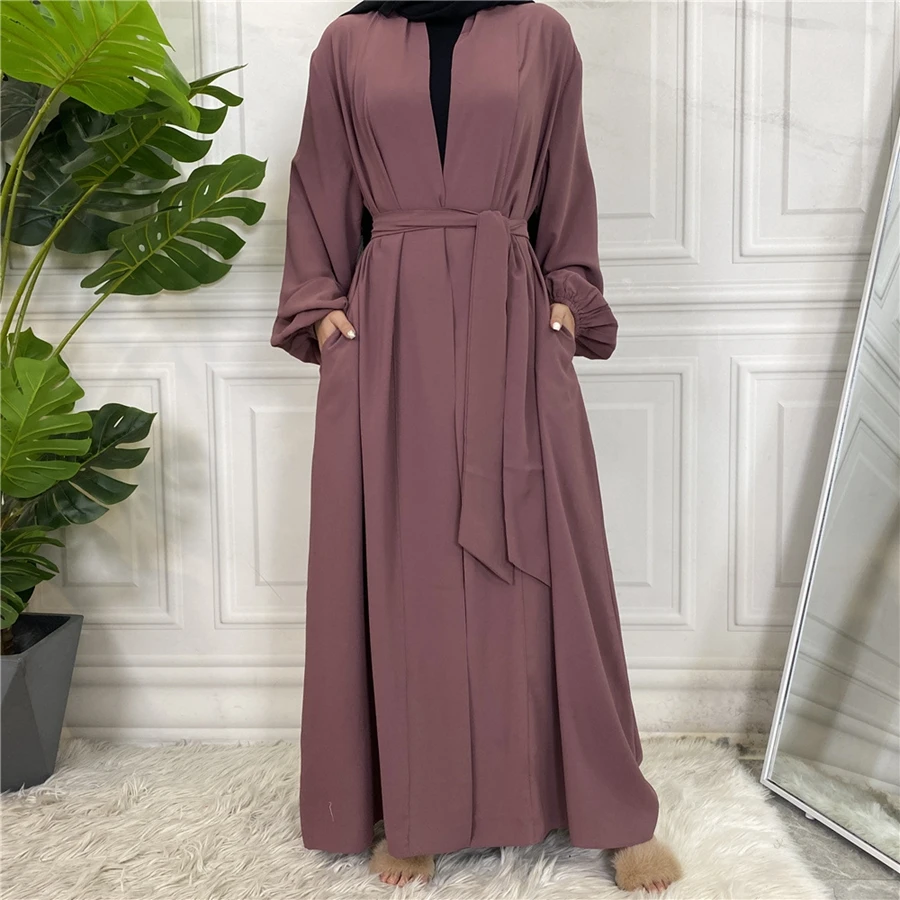 Ramadan Solid Open Abaya Women With Pockets Muslim Fashion Kimono Dubai Turkey Islam Dress Abayas For Women Cardigan Robe Femme