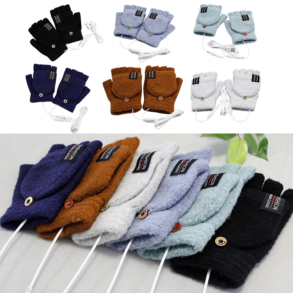 USB Heated Gloves for Women Men Windproof Winter Warm Knitted Mittens 2-Side Heating Fingerless Glove for Cycling Skiing Gloves