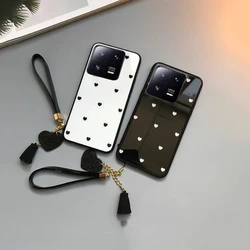 Tempered Glass Love Heart Phone Case for Xiaomi 14 Pro Mi 14 Ultra 13 Lite 12 Pro 11 Lite 13T 12T 11T Hard Cover Tassel lanyard