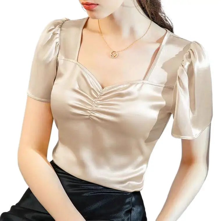 Plus size Summer Square Neck Vintage Puff Sleeve Acetate Satin Shirt Khaki white elegant British style wild ice silk top blouse