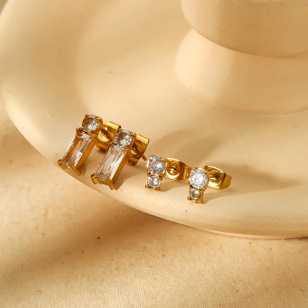 

New Arrivals High Quality Geometric Rectangle Zircon Stud Earrings 18k Gold Color Stainless Steel Earrings