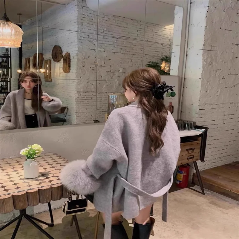 Manteau à bretelles en laine double face pour femme, veste courte en cachemire, poignets perfectionnés, fourrure de renard, tempérament, haut de gamme, nouveau, 2024